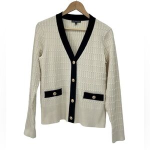 Adrianna Papell V Neck Cable Knit Gold Button Cardigan Sweater Cream Black - M